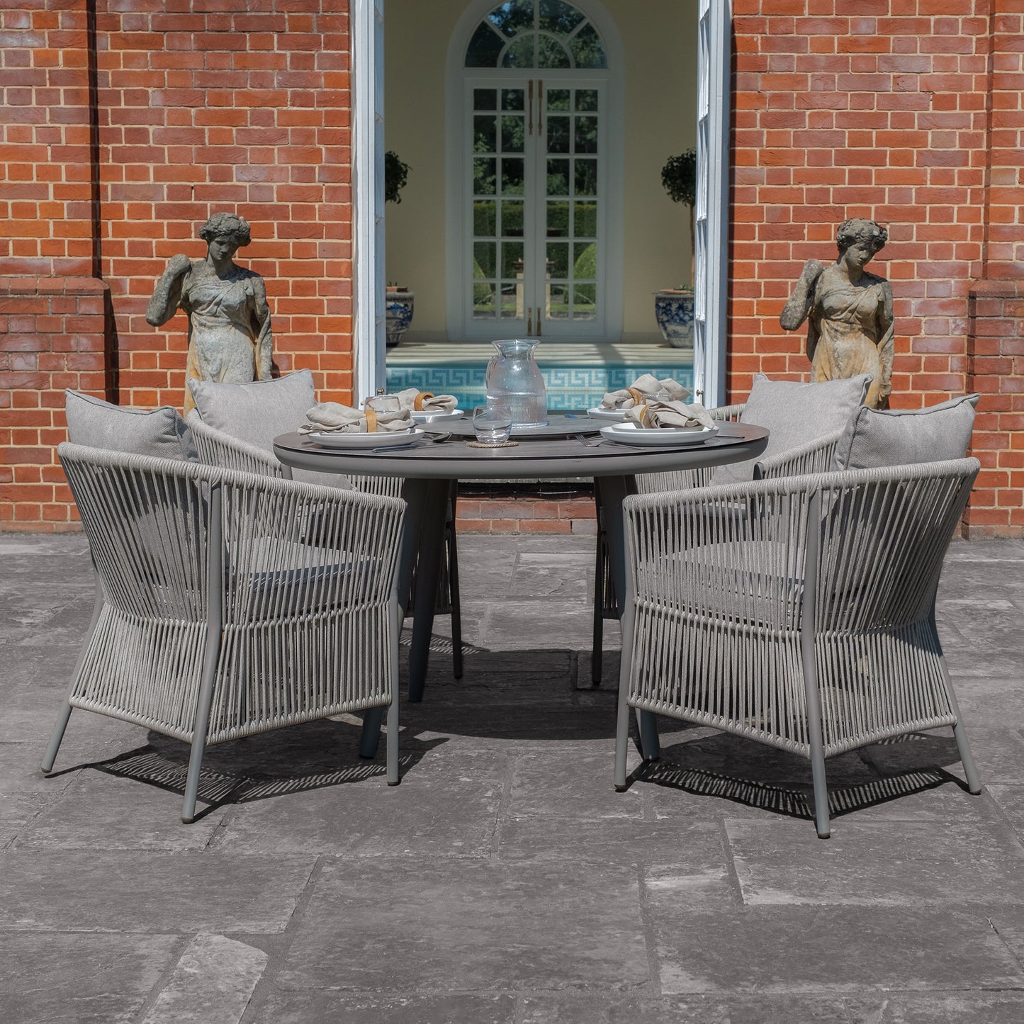 Maldives 4 Seat Round Dining Set With Lazy Susan - Cool Linen