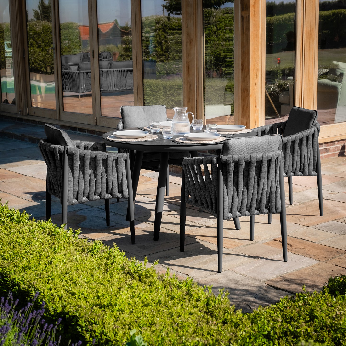Milan 4 Seat Round Dining Set With Lazy Susan - Charcoal