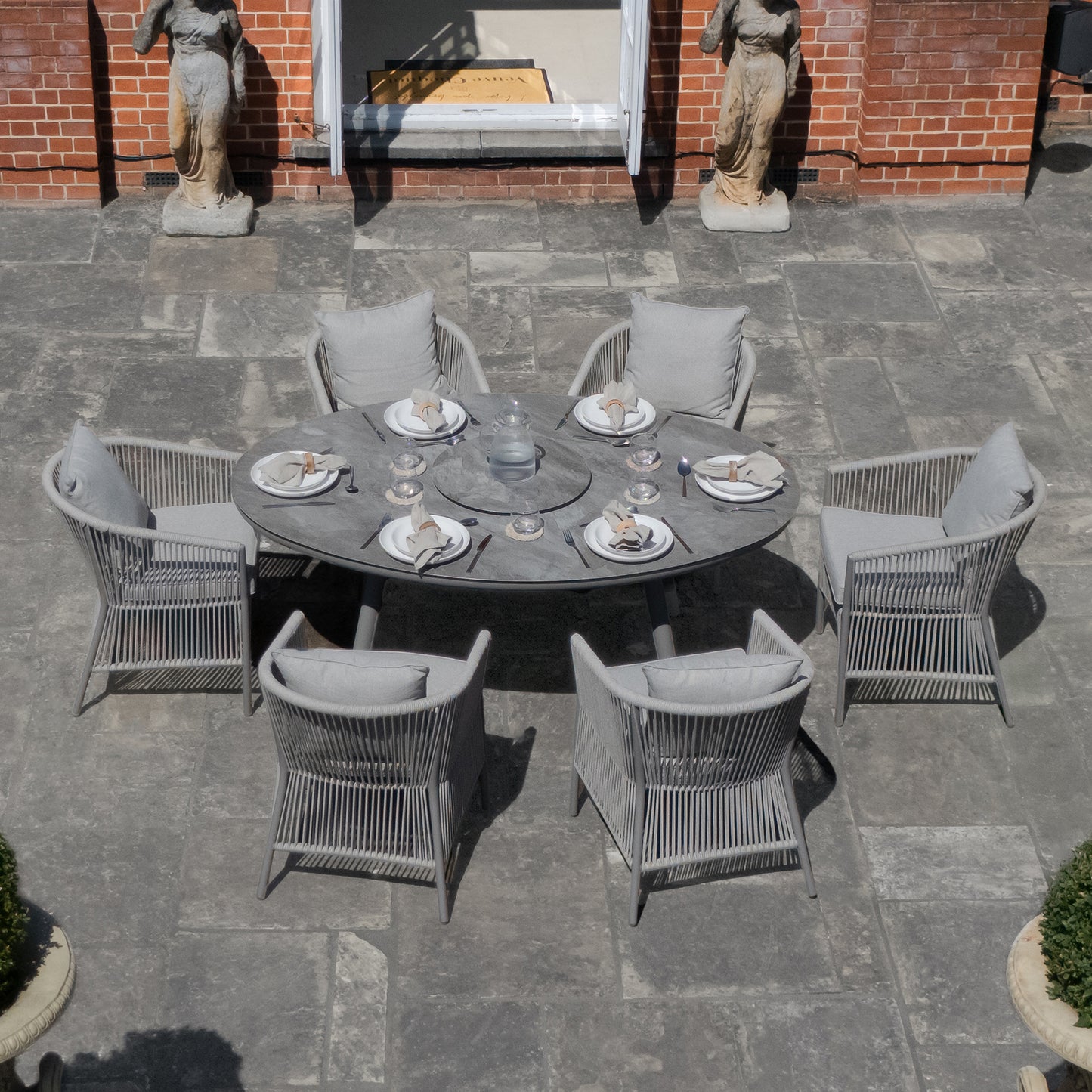 Maldives 6 Seat Oval Dining Set With Lazy Susan - Cool Linen