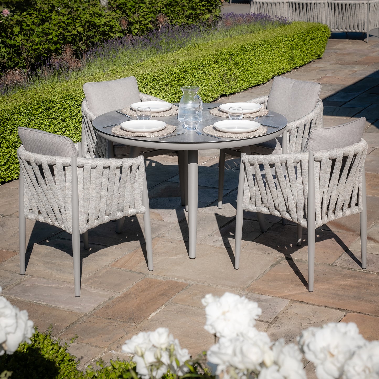 Milan 4 Seat Round Dining Set With Lazy Susan - Cool Linen